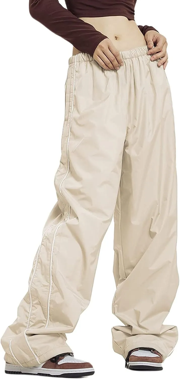 Women Side Striped Track Pants Wide Leg Baggy Sweatpants Parachute Pants Y2K Cargo Pants Joggers Trousers Streetwear
