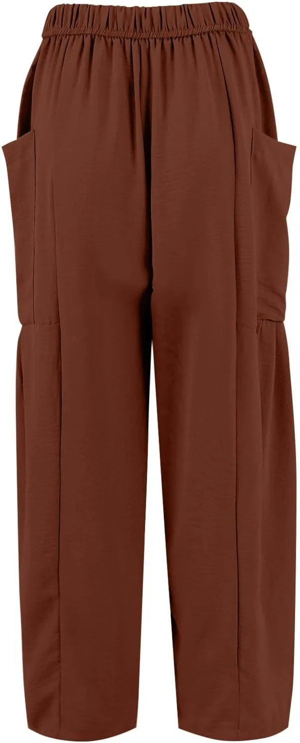 Women Summer Beach Vacation Pants High Waisted Wide Leg Casual Boho Pants Stretchy Loose Palazzo Trousers with Pockets