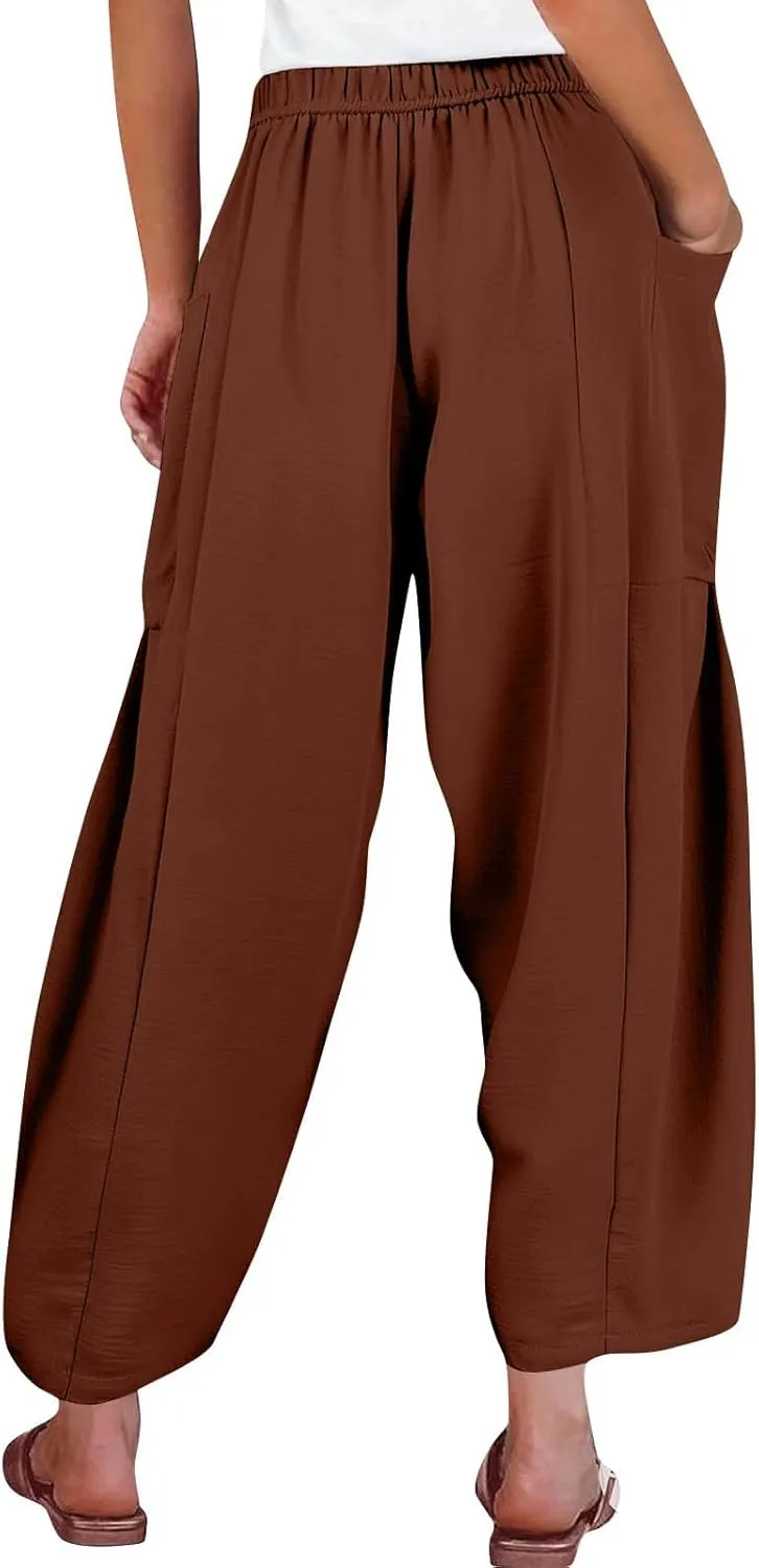 Women Summer Beach Vacation Pants High Waisted Wide Leg Casual Boho Pants Stretchy Loose Palazzo Trousers with Pockets