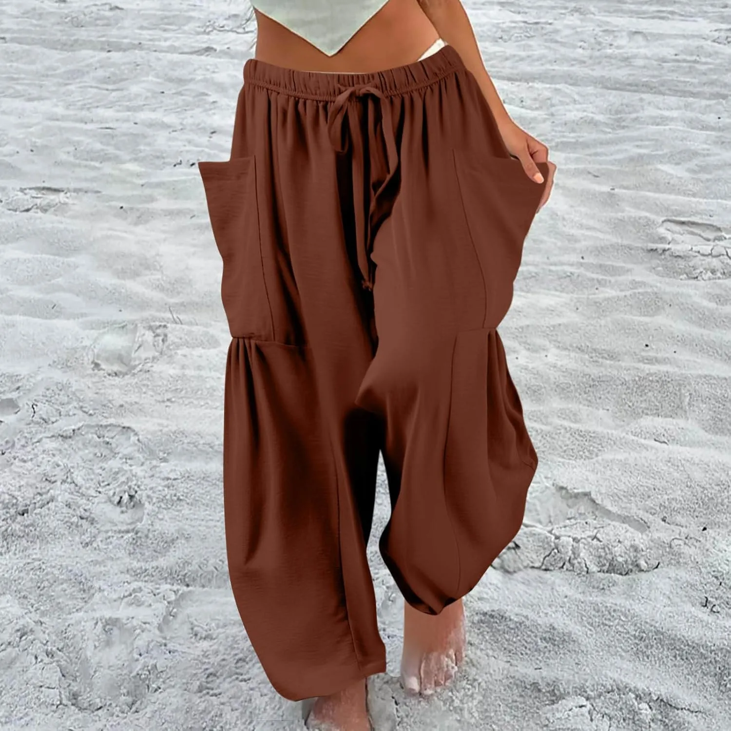 Women Summer Beach Vacation Pants High Waisted Wide Leg Casual Boho Pants Stretchy Loose Palazzo Trousers with Pockets