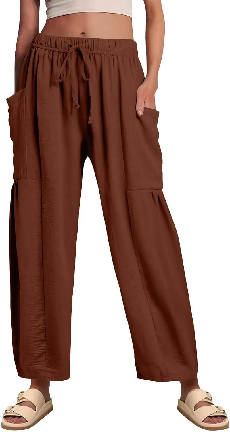 Women Summer Beach Vacation Pants High Waisted Wide Leg Casual Boho Pants Stretchy Loose Palazzo Trousers with Pockets