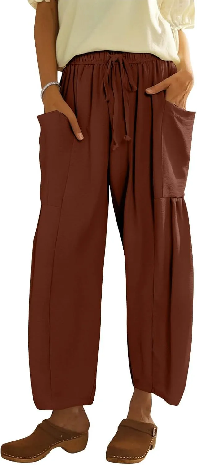 Women Summer Beach Vacation Pants High Waisted Wide Leg Casual Boho Pants Stretchy Loose Palazzo Trousers with Pockets