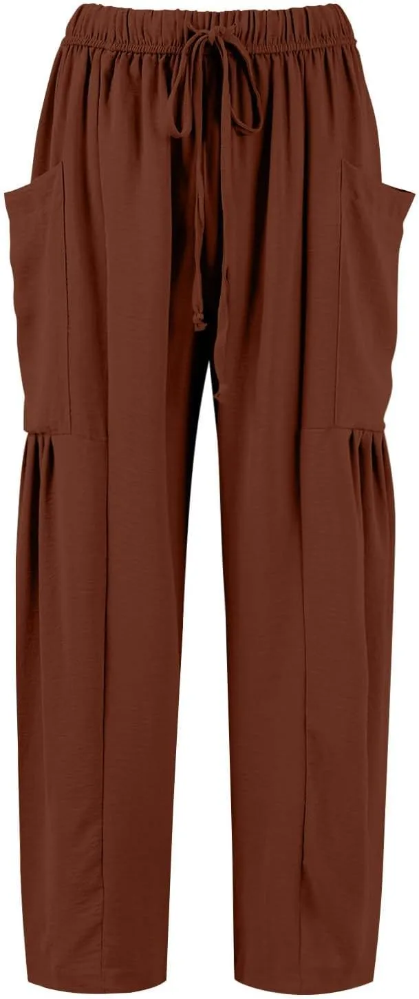 Women Summer Beach Vacation Pants High Waisted Wide Leg Casual Boho Pants Stretchy Loose Palazzo Trousers with Pockets