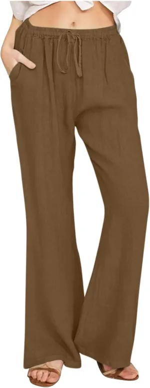 Women Summer High Waist Baggy Pants Loose Fit Cotton Linen Home Pants Casual Solid Elastic Waist Bell Bottom Trouser