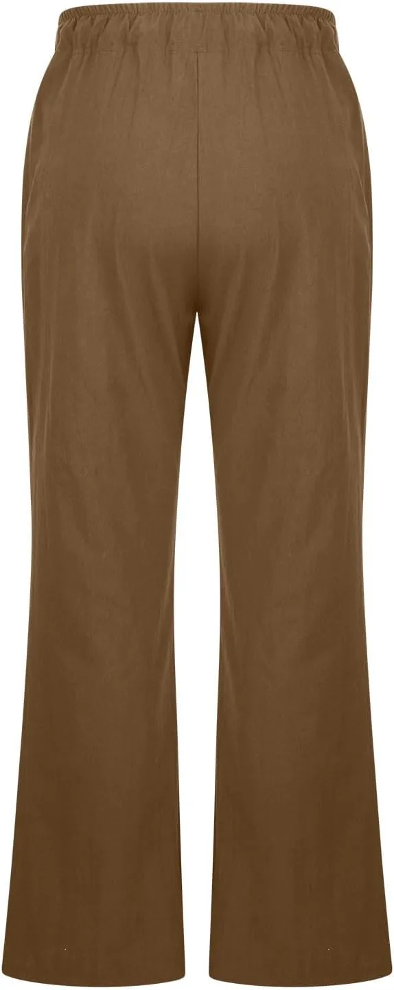 Women Summer High Waist Baggy Pants Loose Fit Cotton Linen Home Pants Casual Solid Elastic Waist Bell Bottom Trouser
