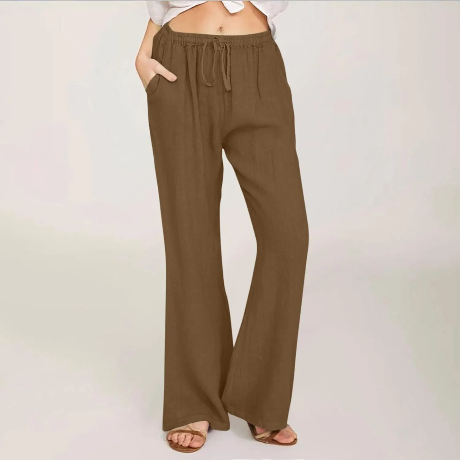 Women Summer High Waist Baggy Pants Loose Fit Cotton Linen Home Pants Casual Solid Elastic Waist Bell Bottom Trouser