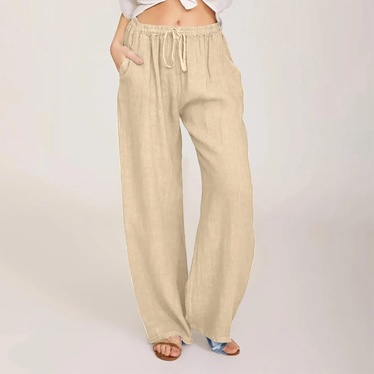 Women Summer High Waisted Pant Cotton Linen Palazzo Pants Wide Leg Pant Long Pant Lounge Pant Trousers with Pockets