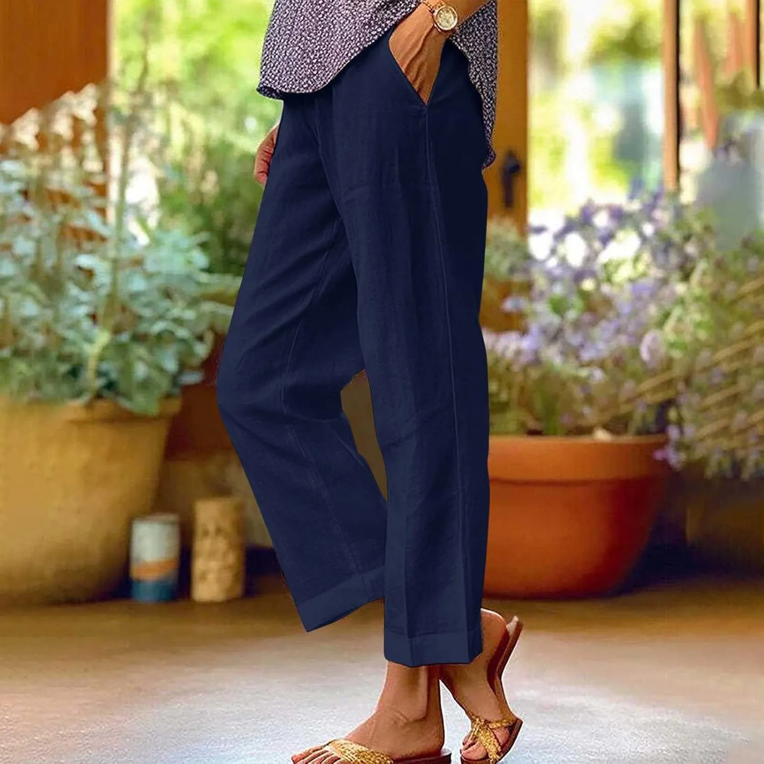Women Summer Linen Pants Straight Leg Beach Vacation Comfy Beach Trousers Dressy Casual Palazzo Pant with Pockets