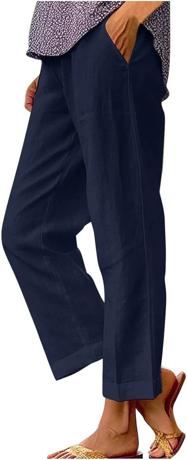 Women Summer Linen Pants Straight Leg Beach Vacation Comfy Beach Trousers Dressy Casual Palazzo Pant with Pockets