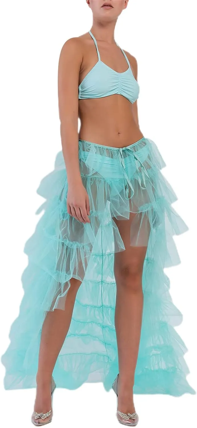 Women Tulle Tutu Long Skirt Victorian Steampunk Bustle Layered Skirt Self-Tied Belt High Low Maxi Prom Party Skirt