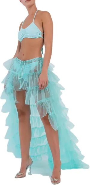 Women Tulle Tutu Long Skirt Victorian Steampunk Bustle Layered Skirt Self-Tied Belt High Low Maxi Prom Party Skirt