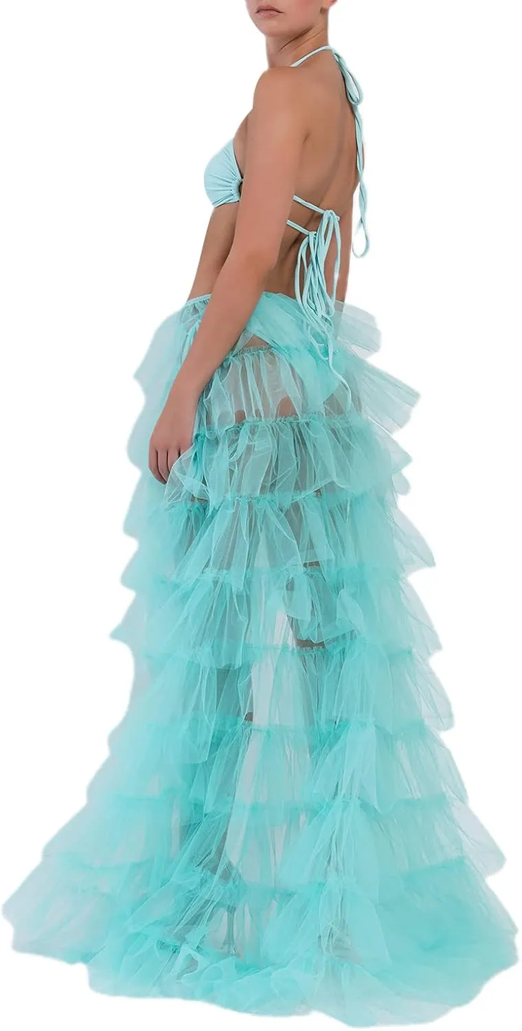 Women Tulle Tutu Long Skirt Victorian Steampunk Bustle Layered Skirt Self-Tied Belt High Low Maxi Prom Party Skirt
