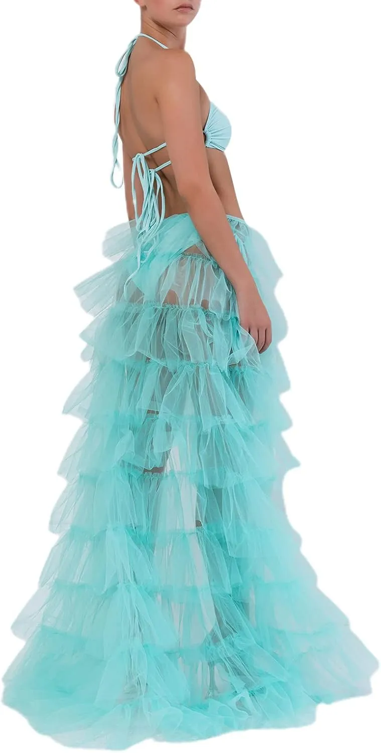 Women Tulle Tutu Long Skirt Victorian Steampunk Bustle Layered Skirt Self-Tied Belt High Low Maxi Prom Party Skirt