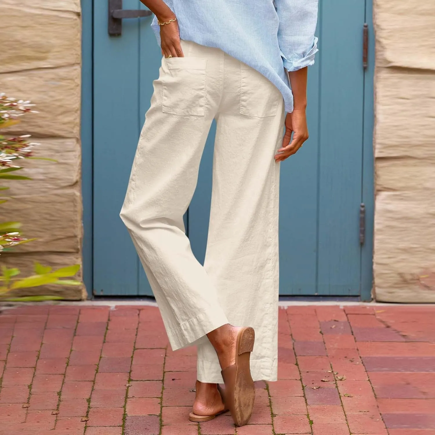 Women Wide Leg Pants, Straight High Waisted Wide Legs Trousers Casual Summer Cotton Linen Palazzo Pants with Pockets