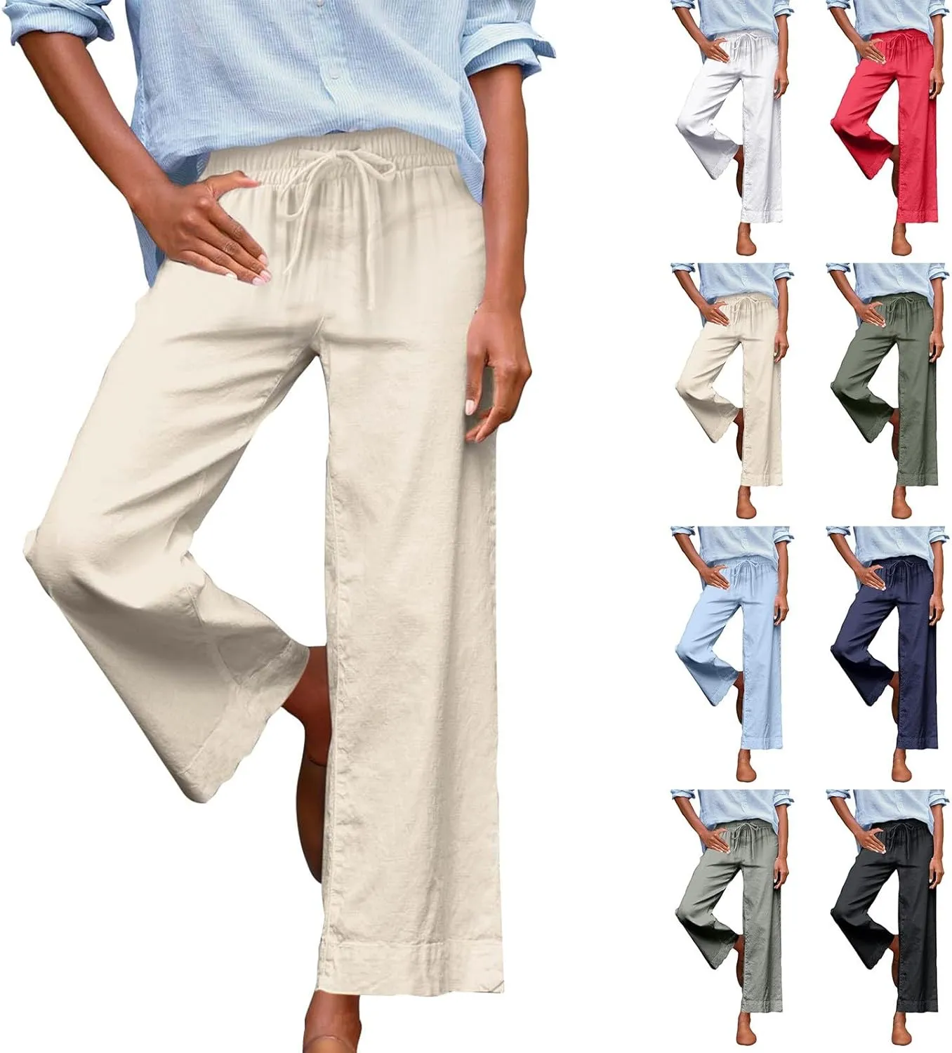Women Wide Leg Pants, Straight High Waisted Wide Legs Trousers Casual Summer Cotton Linen Palazzo Pants with Pockets