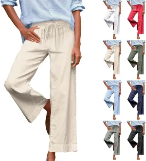 Women Wide Leg Pants, Straight High Waisted Wide Legs Trousers Casual Summer Cotton Linen Palazzo Pants with Pockets