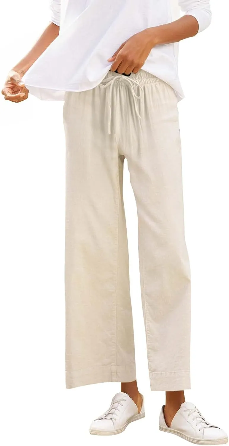 Women Wide Leg Pants, Straight High Waisted Wide Legs Trousers Casual Summer Cotton Linen Palazzo Pants with Pockets