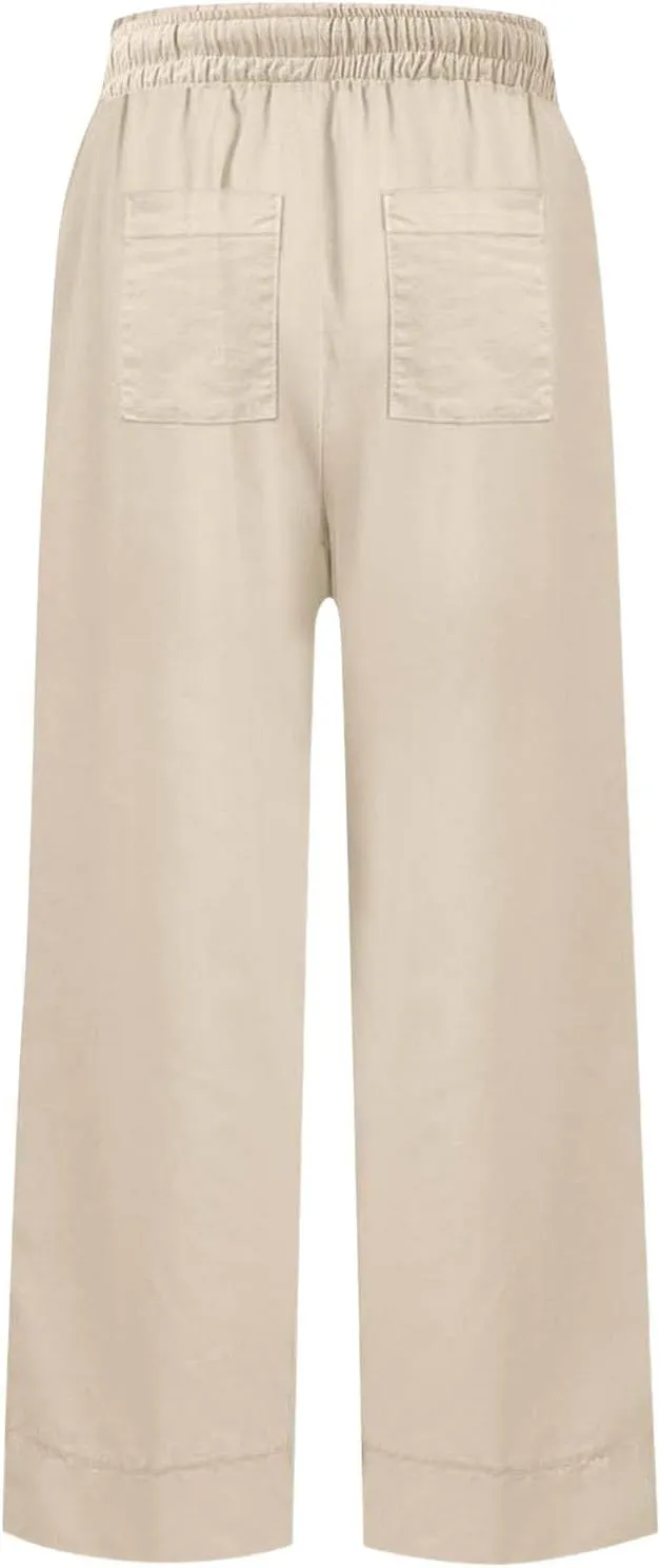 Women Wide Leg Pants, Straight High Waisted Wide Legs Trousers Casual Summer Cotton Linen Palazzo Pants with Pockets