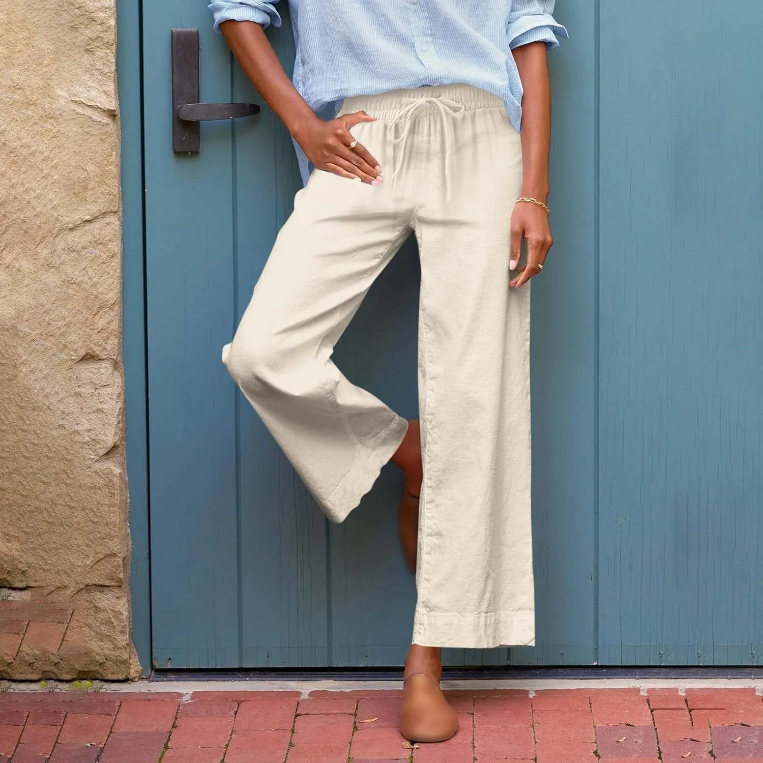 Women Wide Leg Pants, Straight High Waisted Wide Legs Trousers Casual Summer Cotton Linen Palazzo Pants with Pockets