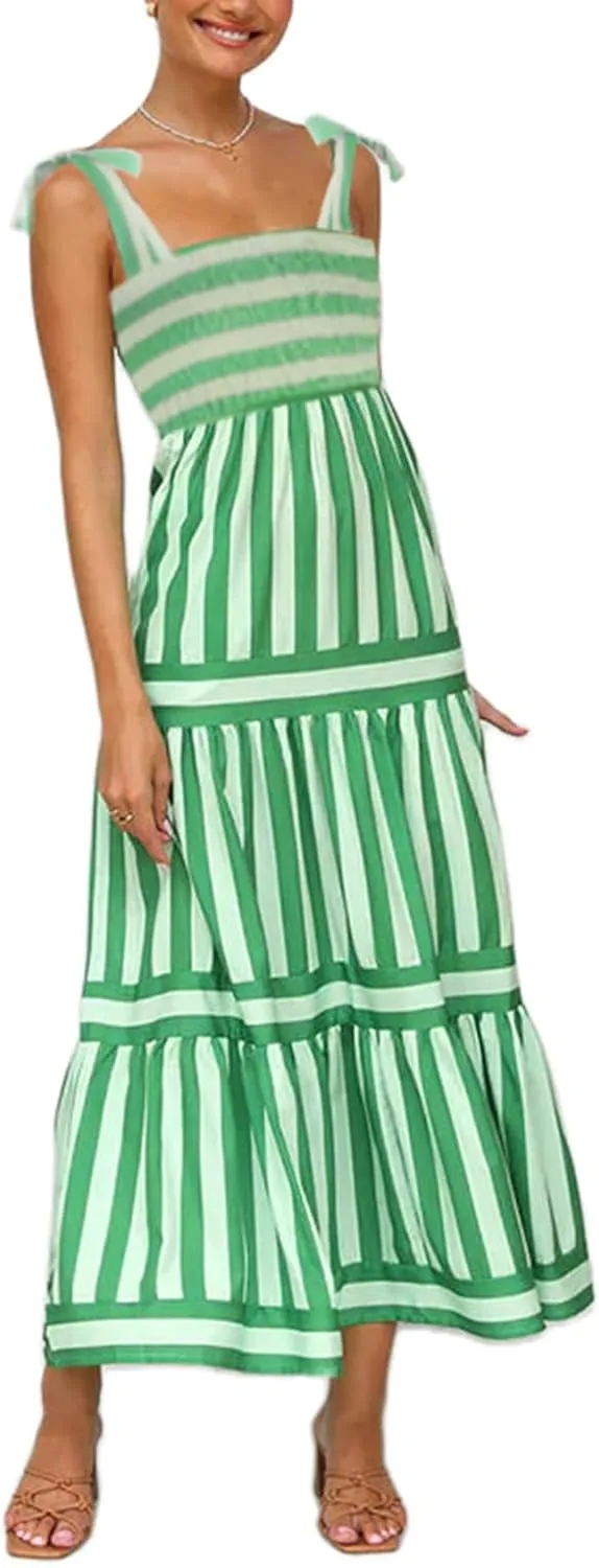 Women Y2k Summer Flowy Maxi Sundress Boho Floral Smocked Beach Dress Cute Shoulder Tie Spaghetti Strap Long Dresses