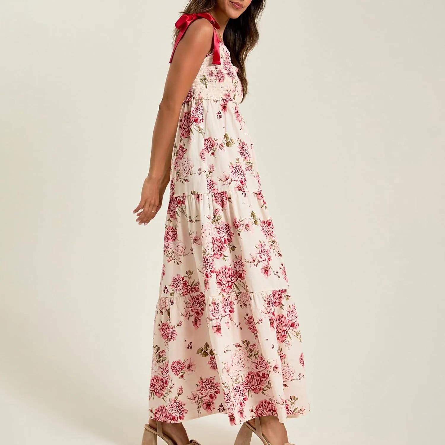Women Y2k Summer Flowy Maxi Sundress Boho Floral Smocked Beach Dress Cute Shoulder Tie Spaghetti Strap Long Dresses