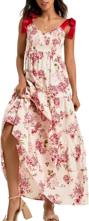 Women Y2k Summer Flowy Maxi Sundress Boho Floral Smocked Beach Dress Cute Shoulder Tie Spaghetti Strap Long Dresses