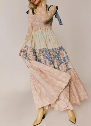 Women Y2k Summer Flowy Maxi Sundress Boho Floral Smocked Beach Dress Cute Shoulder Tie Spaghetti Strap Long Dresses