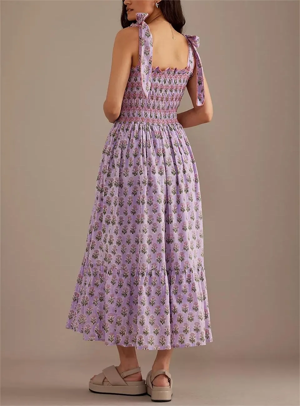 Women Y2k Summer Flowy Maxi Sundress Boho Floral Smocked Beach Dress Cute Shoulder Tie Spaghetti Strap Long Dresses