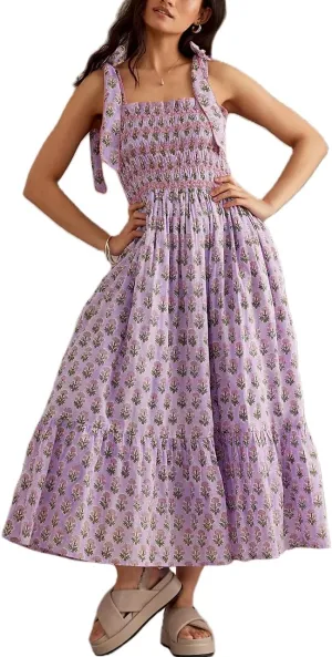 Women Y2k Summer Flowy Maxi Sundress Boho Floral Smocked Beach Dress Cute Shoulder Tie Spaghetti Strap Long Dresses