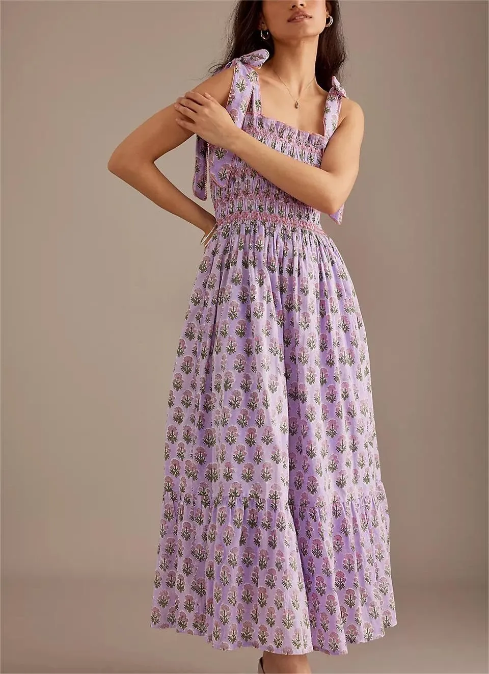 Women Y2k Summer Flowy Maxi Sundress Boho Floral Smocked Beach Dress Cute Shoulder Tie Spaghetti Strap Long Dresses