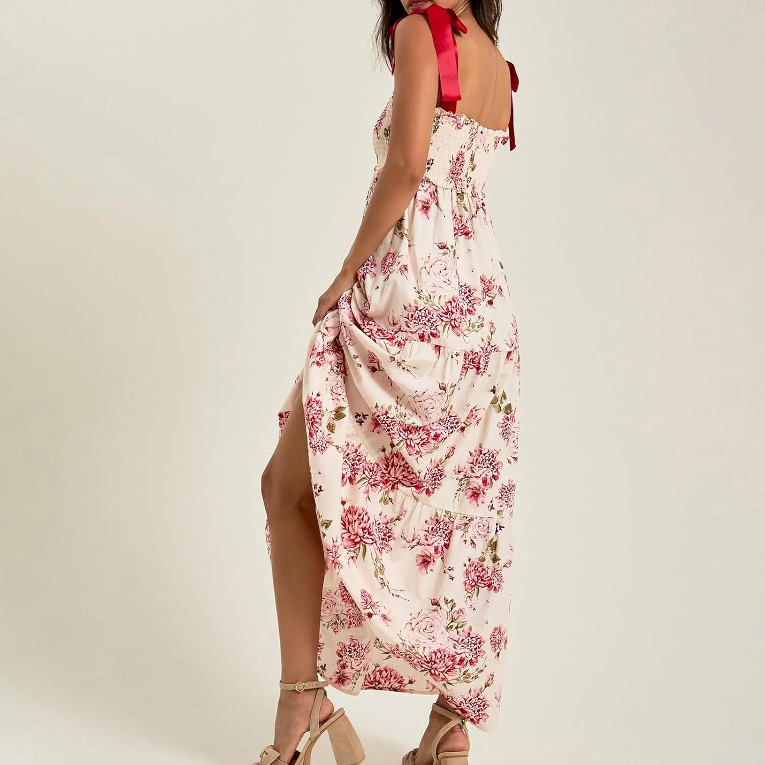 Women Y2k Summer Flowy Maxi Sundress Boho Floral Smocked Beach Dress Cute Shoulder Tie Spaghetti Strap Long Dresses