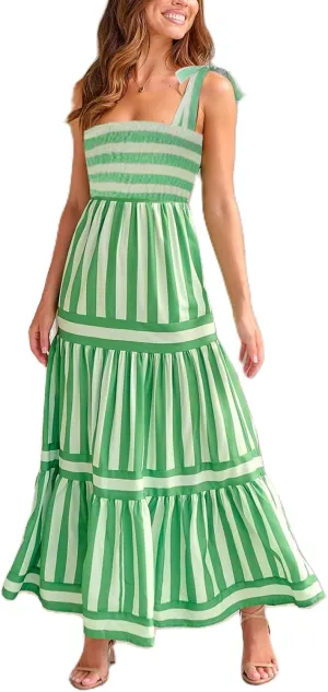 Women Y2k Summer Flowy Maxi Sundress Boho Floral Smocked Beach Dress Cute Shoulder Tie Spaghetti Strap Long Dresses