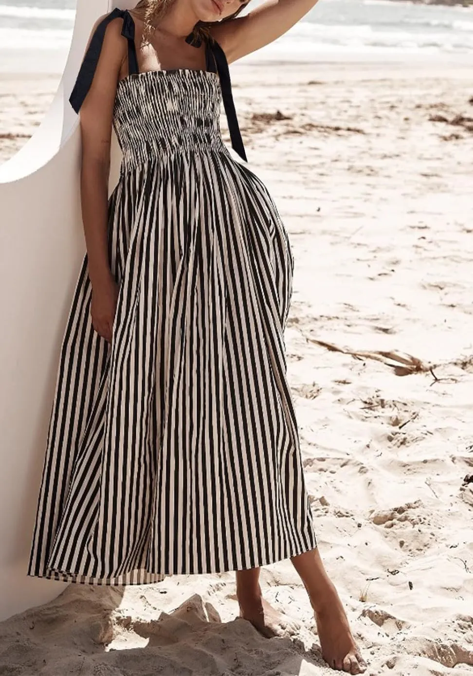 Women Y2k Summer Flowy Maxi Sundress Boho Floral Smocked Beach Dress Cute Shoulder Tie Spaghetti Strap Long Dresses