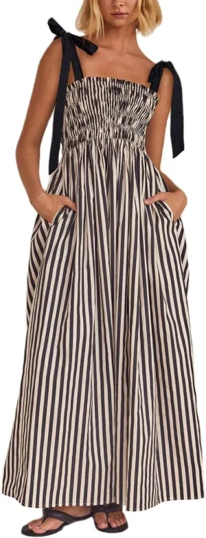 Women Y2k Summer Flowy Maxi Sundress Boho Floral Smocked Beach Dress Cute Shoulder Tie Spaghetti Strap Long Dresses