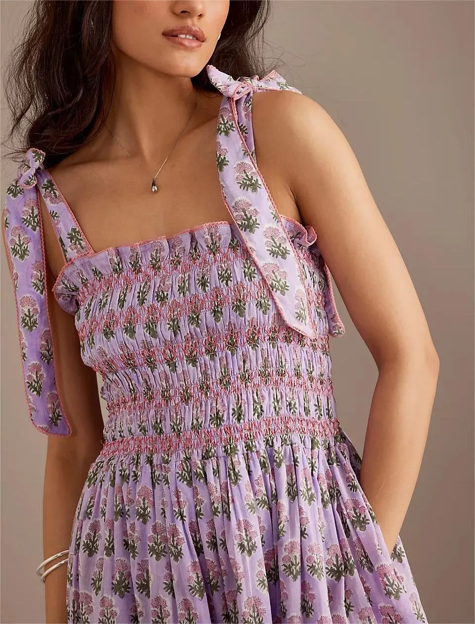Women Y2k Summer Flowy Maxi Sundress Boho Floral Smocked Beach Dress Cute Shoulder Tie Spaghetti Strap Long Dresses