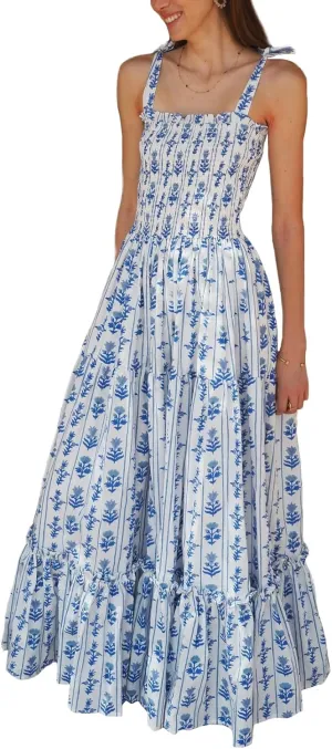 Women Y2k Summer Flowy Maxi Sundress Boho Floral Smocked Beach Dress Cute Shoulder Tie Spaghetti Strap Long Dresses