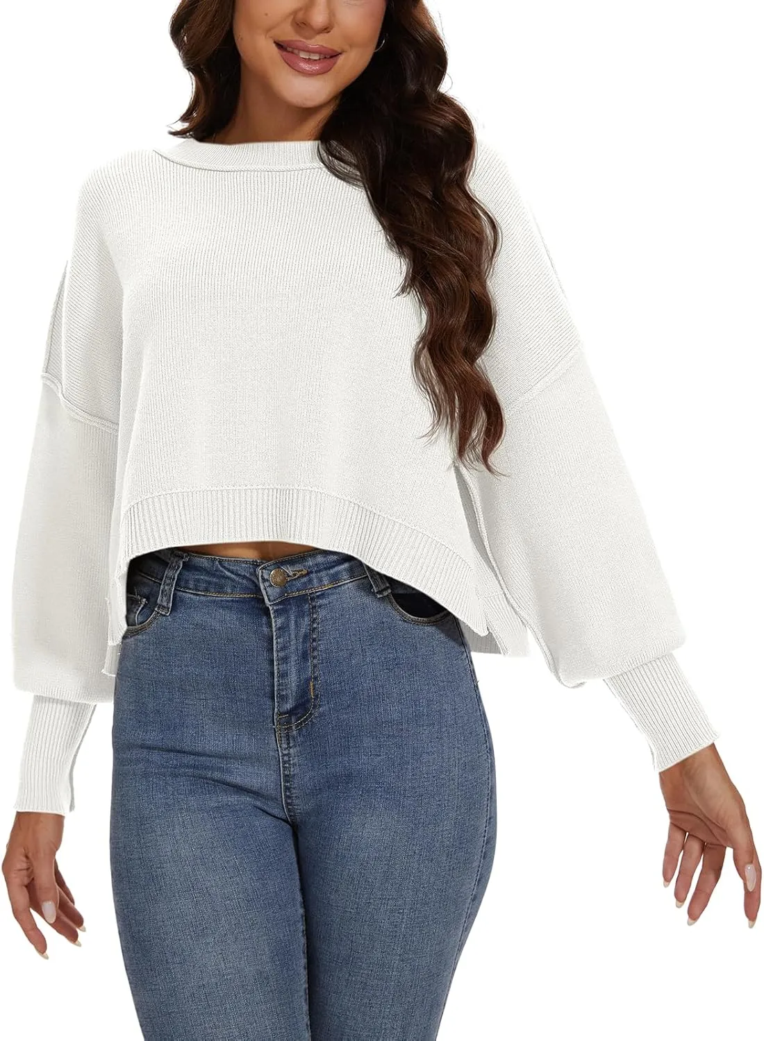 Women's 2024 Crewneck Cropped Sweater Batwing Sleeve Side Slit Ribbed Knit Oversized Pullover Tops
