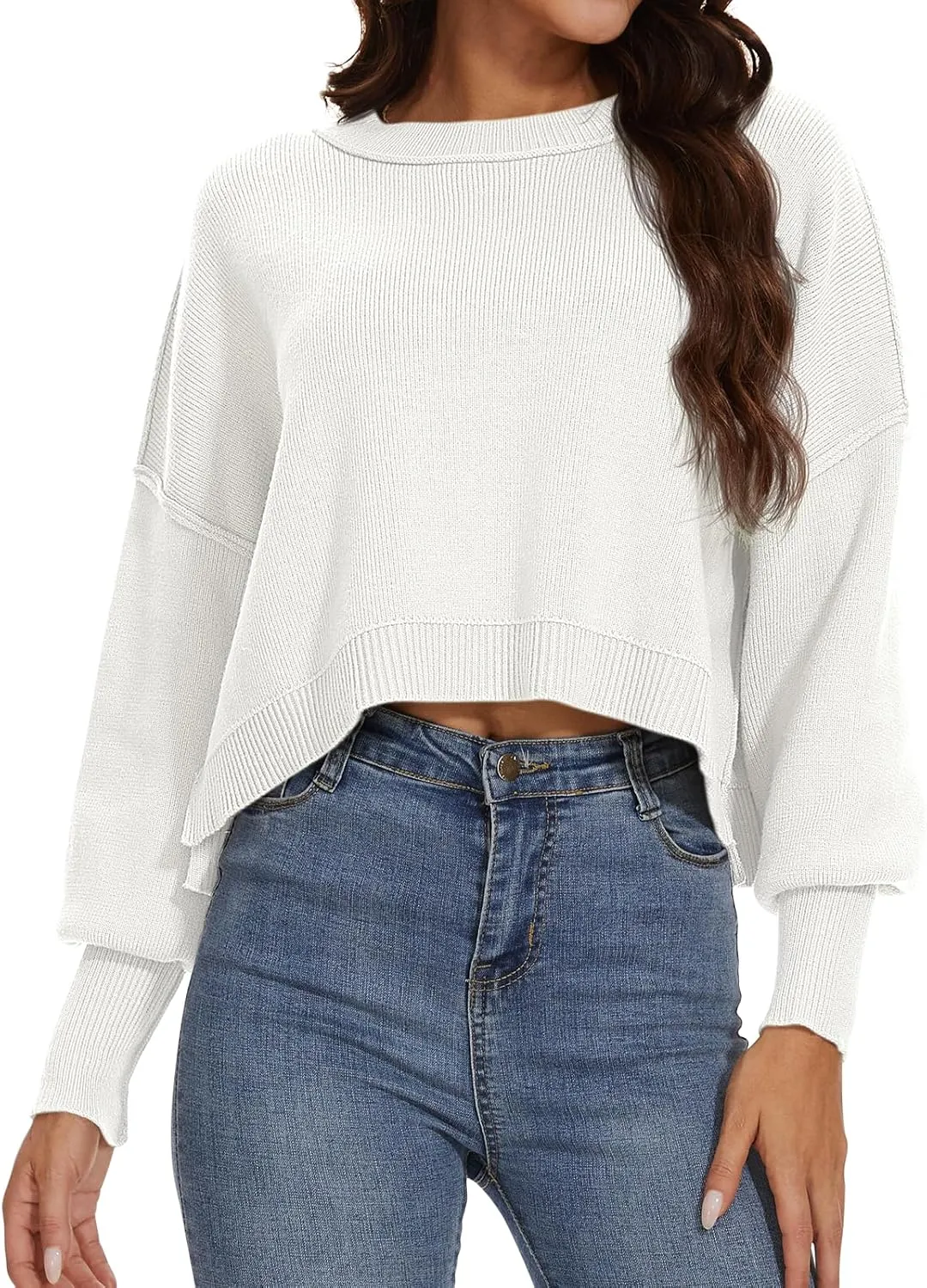 Women's 2024 Crewneck Cropped Sweater Batwing Sleeve Side Slit Ribbed Knit Oversized Pullover Tops