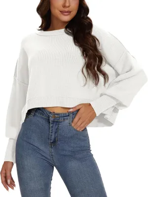 Women's 2024 Crewneck Cropped Sweater Batwing Sleeve Side Slit Ribbed Knit Oversized Pullover Tops