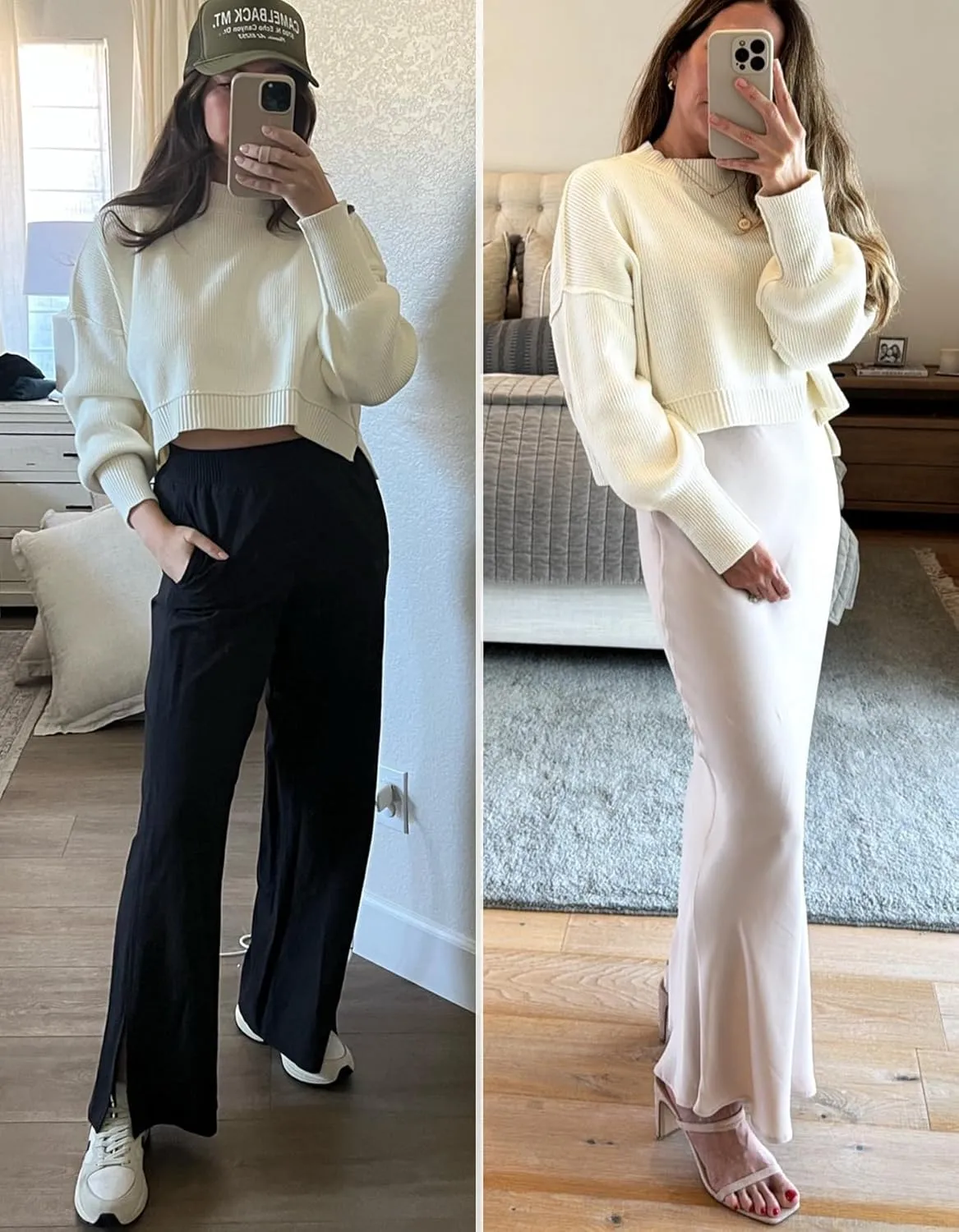 Women's 2024 Crewneck Cropped Sweater Batwing Sleeve Side Slit Ribbed Knit Oversized Pullover Tops