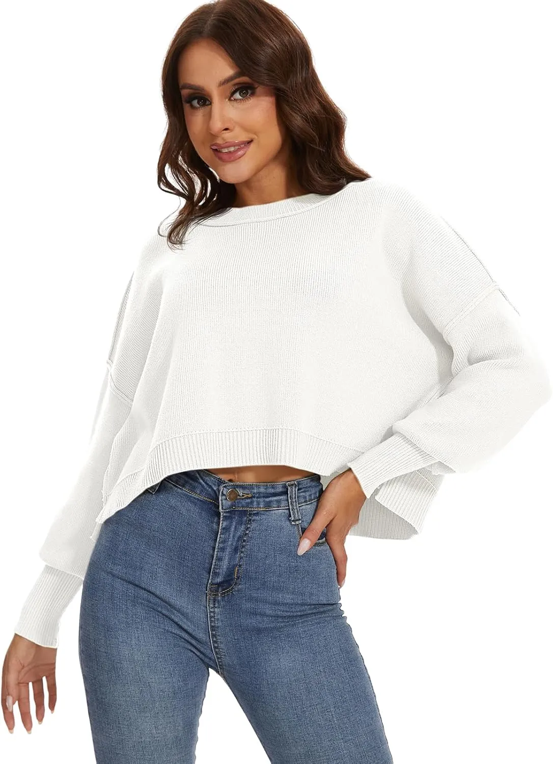 Women's 2024 Crewneck Cropped Sweater Batwing Sleeve Side Slit Ribbed Knit Oversized Pullover Tops