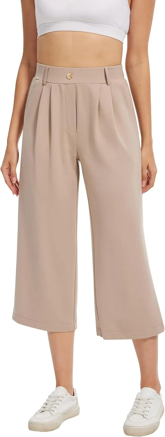 Womens 22"/27"/29"/31" Wide Leg Pleated Yoga Dress Pants, High Waist Stretchy Slacks for Workout Business Casual