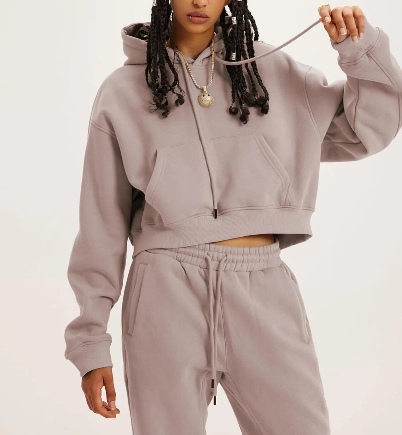 Women's 2pc Airport Outfits Casual Hoodie Fleece Tracksuit Sweatshirt Pullover Jogging Pants Pockets
