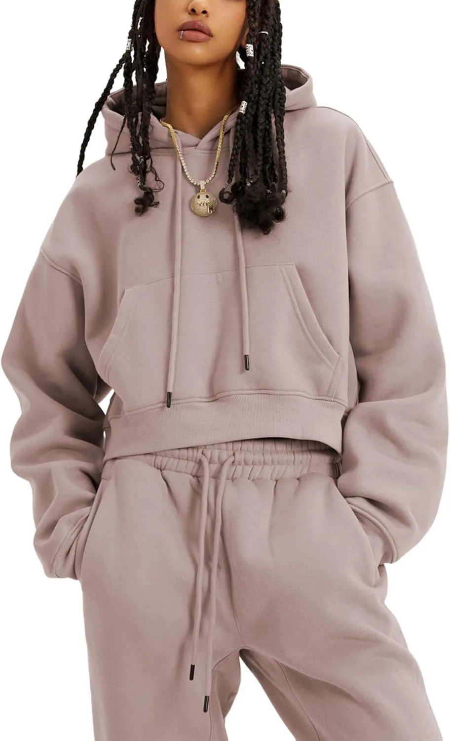 Women's 2pc Airport Outfits Casual Hoodie Fleece Tracksuit Sweatshirt Pullover Jogging Pants Pockets