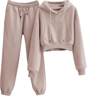 Women's 2pc Airport Outfits Casual Hoodie Fleece Tracksuit Sweatshirt Pullover Jogging Pants Pockets