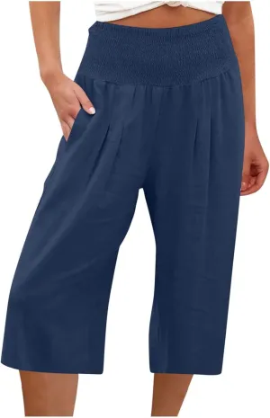 Women's Black Linen Capri Pants, Plus Size Summer Clothes, Palazzo Pants for Women