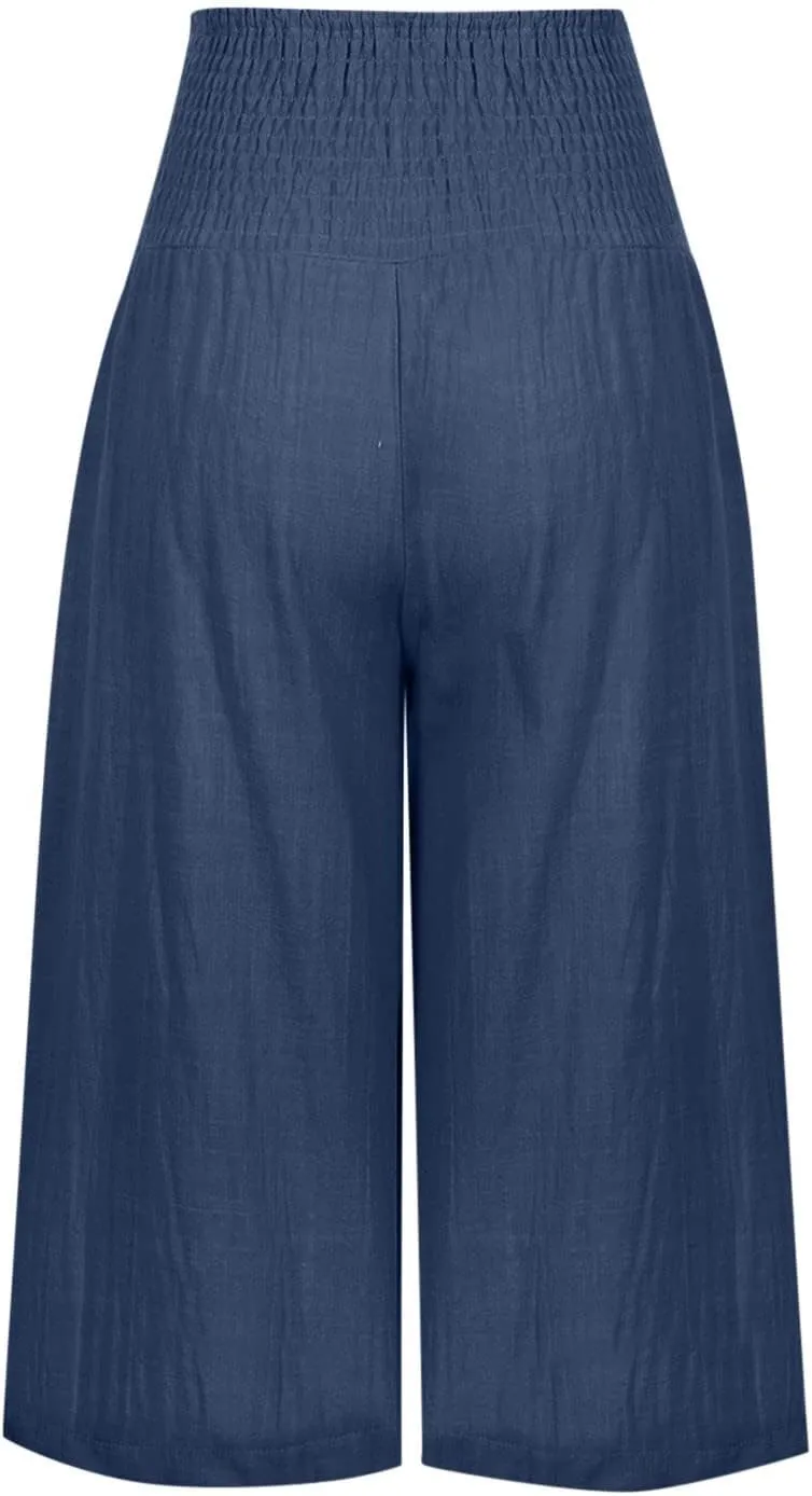 Women's Black Linen Capri Pants, Plus Size Summer Clothes, Palazzo Pants for Women