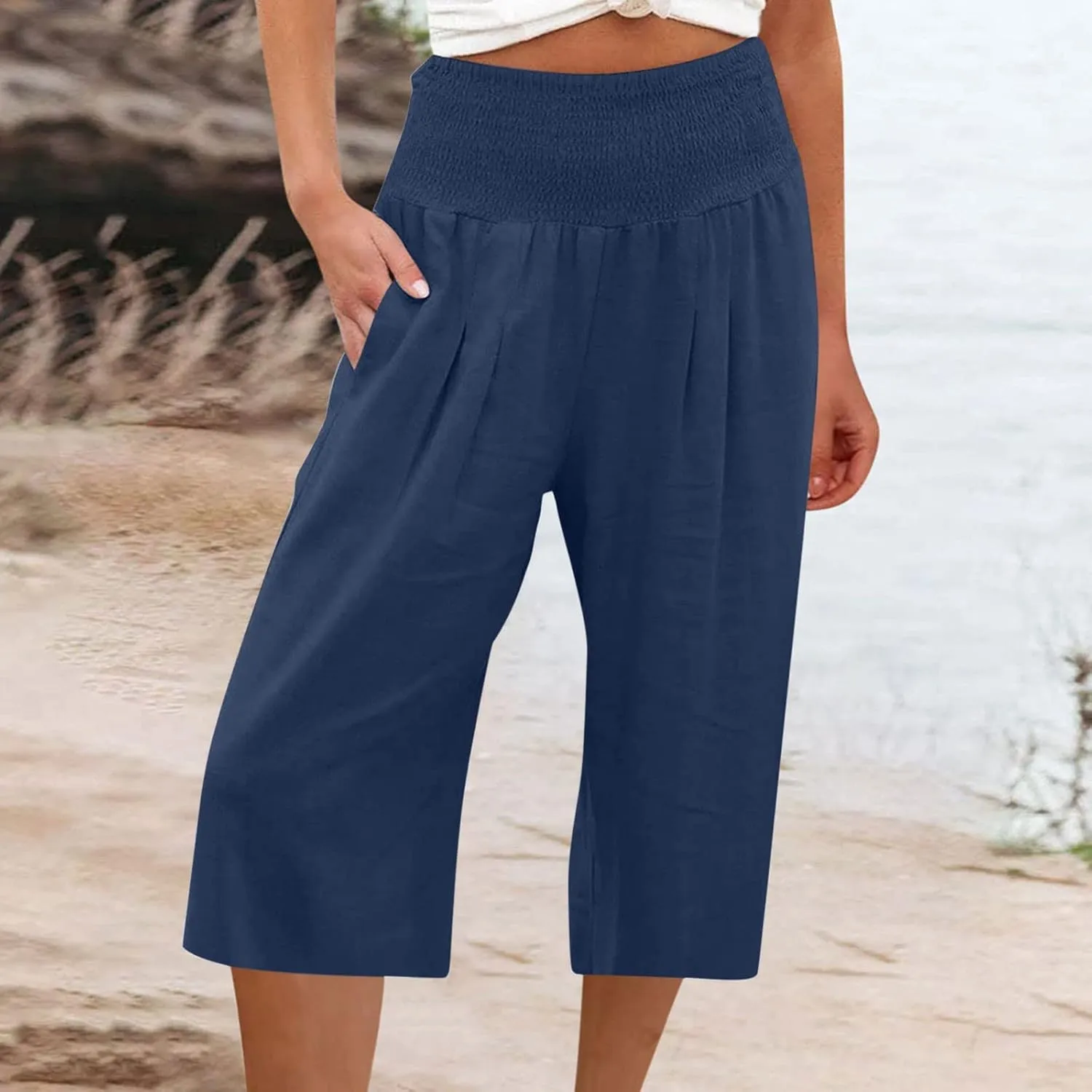Women's Black Linen Capri Pants, Plus Size Summer Clothes, Palazzo Pants for Women