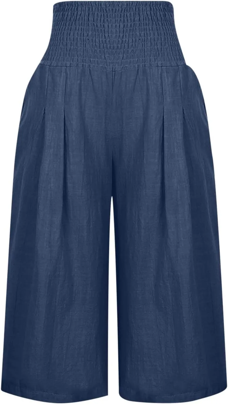 Women's Black Linen Capri Pants, Plus Size Summer Clothes, Palazzo Pants for Women