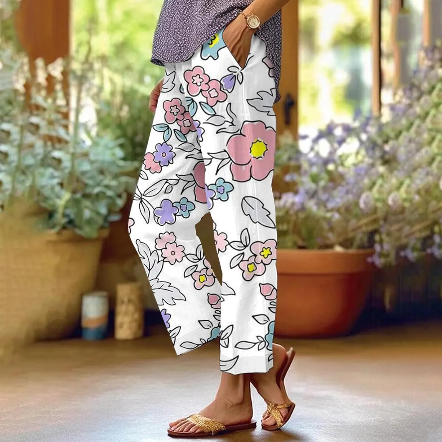 Women's Boho Floral Casual Pants Summer Wide Leg Elastic Waist Beach Vacation Retro Trousers with Pockets Plus Size